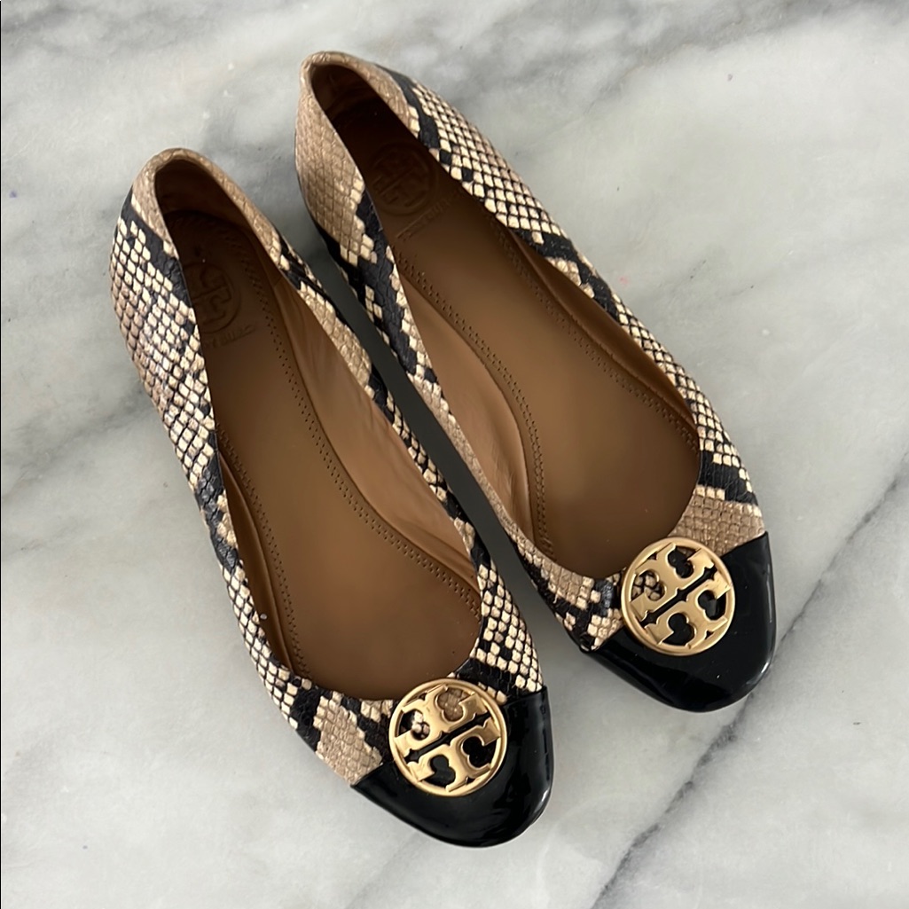 Tory Burch Snakeskin Flats - Black And Tan
